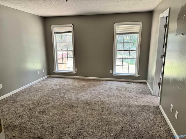 carpeted empty room with visible vents, a healthy amount of sunlight, a textured ceiling, and baseboards