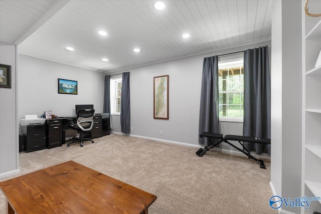 1762 Old Big Cove Rd SE, Owens Cross Roads, AL 35763 - office with wooden ceiling, carpet flooring, baseboards, and recessed lighting