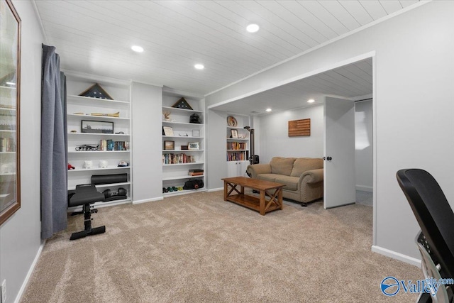 1762 Old Big Cove Rd SE, Owens Cross Roads, AL 35763 - interior space with wooden ceiling, carpet flooring, baseboards, and recessed lighting