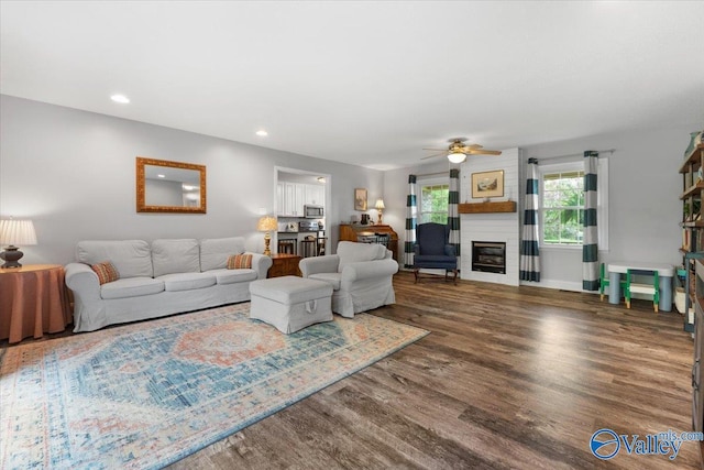 1762 Old Big Cove Rd SE, Owens Cross Roads, AL 35763 - living room featuring ceiling fan, recessed lighting, wood finished floors, and a fireplace