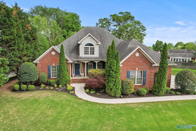traditional-style house with brick siding, a front yard, and roof with shingles