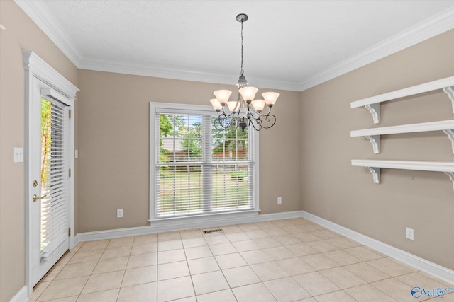 unfurnished dining area with crown molding, visible vents, light tile patterned flooring, and a notable chandelier