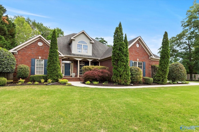 view of front of house featuring a porch, brick siding, and a front lawn
