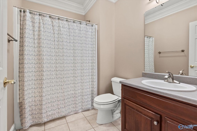 bathroom featuring crown molding, vanity, toilet, a shower with shower curtain, and tile patterned floors