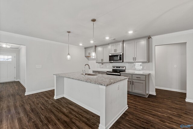 138 Barlow Way, Owens Cross Roads, AL 35763 - kitchen featuring stainless steel appliances, gray cabinets, a sink, and dark wood-style flooring