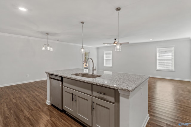 138 Barlow Way, Owens Cross Roads, AL 35763 - kitchen with dark wood-style floors, stainless steel dishwasher, open floor plan, and a sink