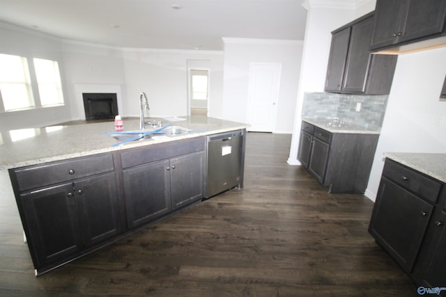 kitchen featuring decorative backsplash, crown molding, sink, dishwasher, and dark hardwood / wood-style floors