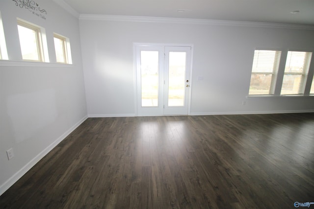 spare room with ornamental molding and dark wood-type flooring