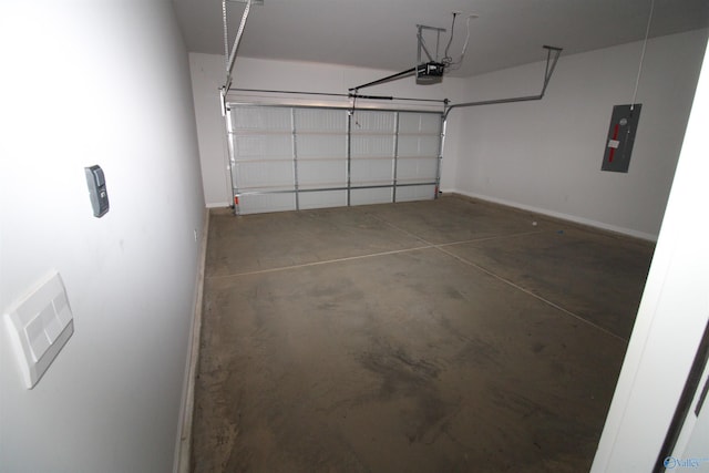 garage with electric panel and a garage door opener