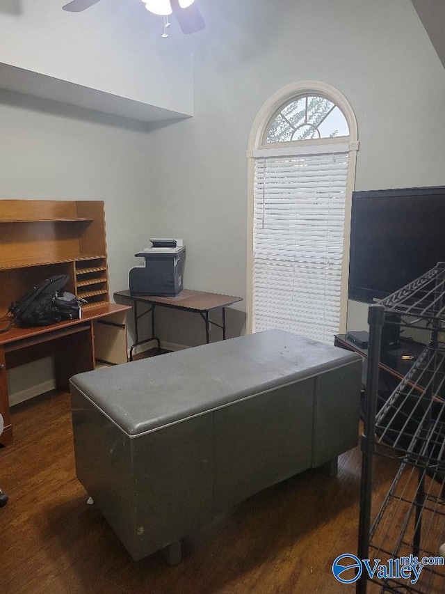 office area with ceiling fan and wood finished floors