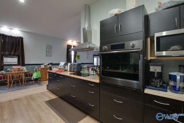 kitchen featuring appliances with stainless steel finishes, island range hood, and light wood-type flooring