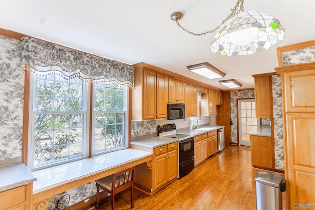 kitchen with black appliances, light hardwood / wood-style flooring, and sink