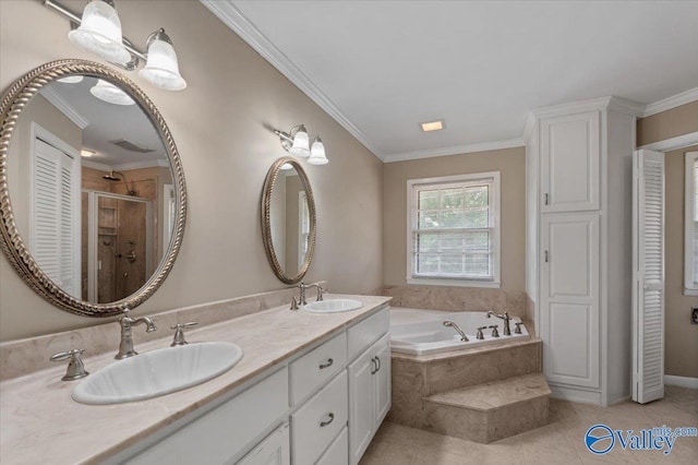 bathroom featuring independent shower and bath, ornamental molding, tile patterned floors, and vanity