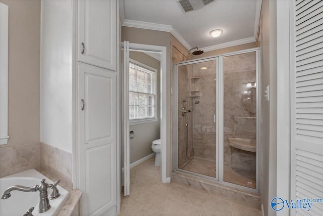 bathroom featuring tile patterned flooring, ornamental molding, separate shower and tub, and toilet