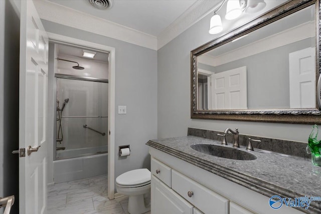 full bathroom with enclosed tub / shower combo, ornamental molding, vanity, and toilet