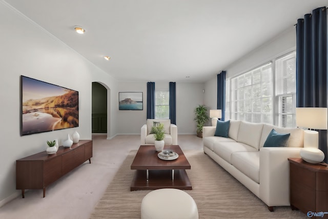 carpeted living room featuring crown molding