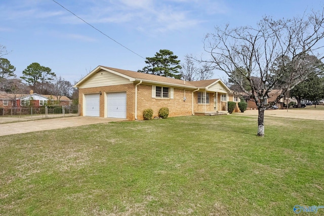 ranch-style home with a garage, brick siding, fence, driveway, and a front lawn