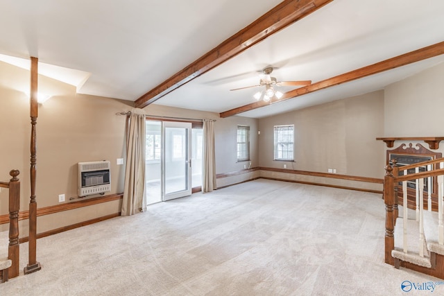 living area featuring heating unit, lofted ceiling with beams, a ceiling fan, and carpet floors