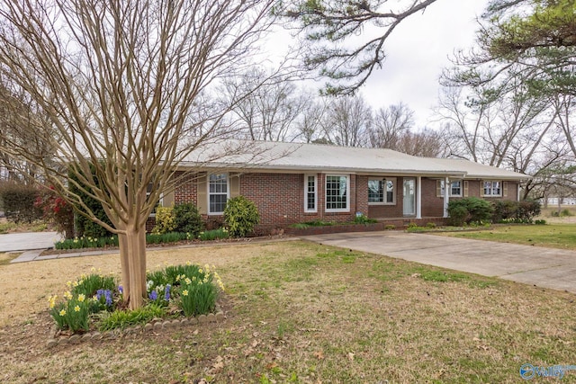 ranch-style house with brick siding, driveway, and a front lawn