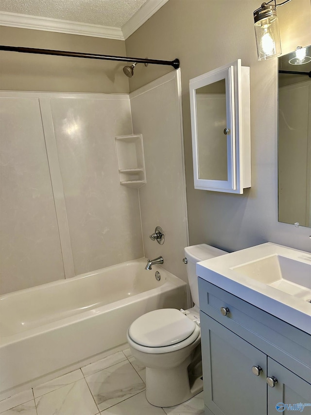 full bathroom featuring toilet, vanity, ornamental molding, a textured ceiling, and shower / bathing tub combination