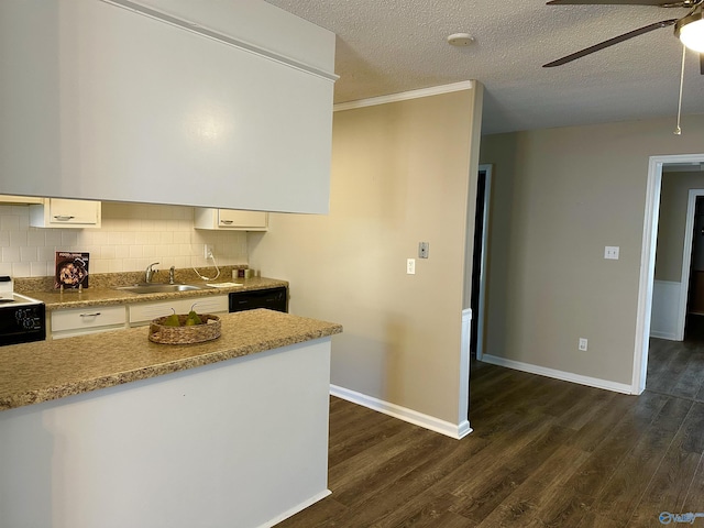 kitchen with a textured ceiling, white cabinets, backsplash, and sink