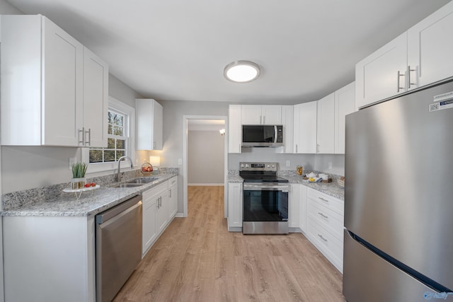 kitchen featuring light wood-style floors, appliances with stainless steel finishes, white cabinets, and a sink