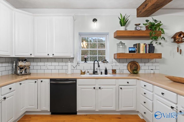 kitchen with dishwasher, white cabinetry, and sink