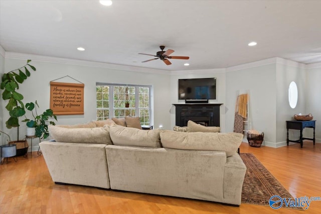 living room featuring crown molding, ceiling fan, and light wood-type flooring