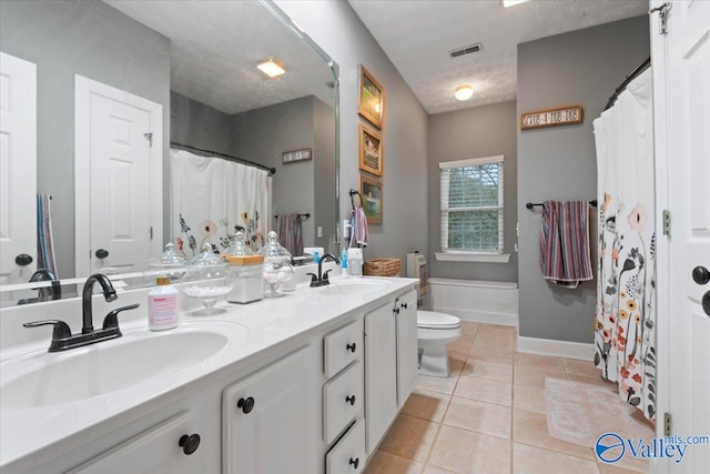 bathroom featuring walk in shower, a textured ceiling, vanity, tile patterned flooring, and toilet