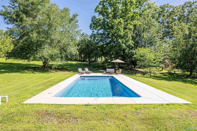 view of swimming pool with a yard