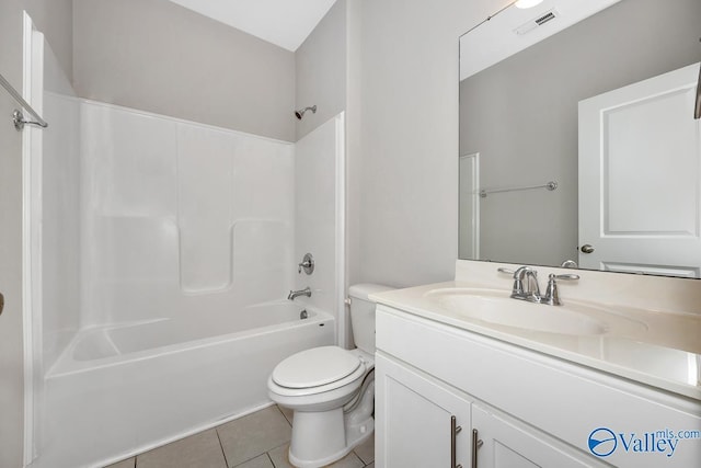 bathroom with visible vents, toilet,  shower combination, tile patterned flooring, and vanity