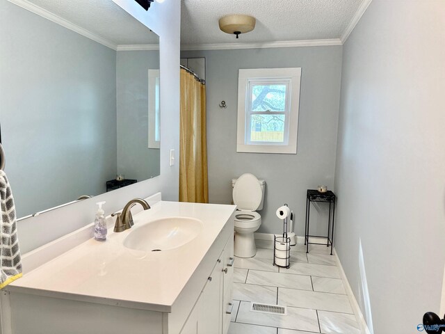 full bathroom with vanity, a textured ceiling, toilet, and ornamental molding