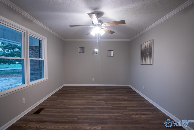 unfurnished room with dark hardwood / wood-style floors, ceiling fan, crown molding, and a textured ceiling