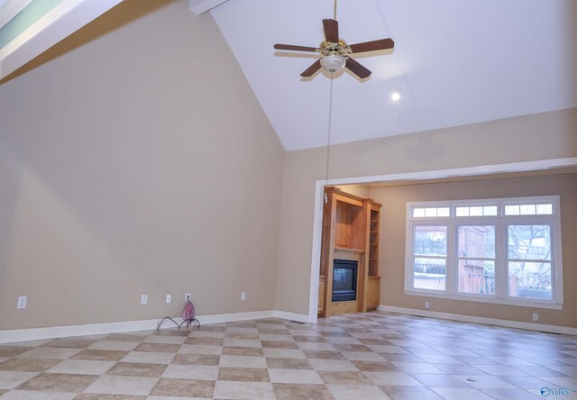 unfurnished living room featuring beamed ceiling, light tile patterned floors, high vaulted ceiling, and ceiling fan