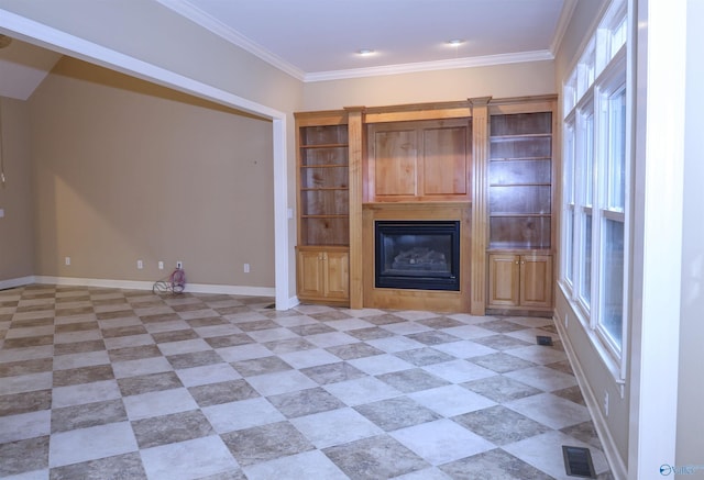 unfurnished living room with ornamental molding