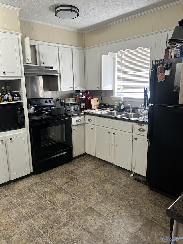 kitchen featuring white cabinets, a textured ceiling, sink, and black appliances