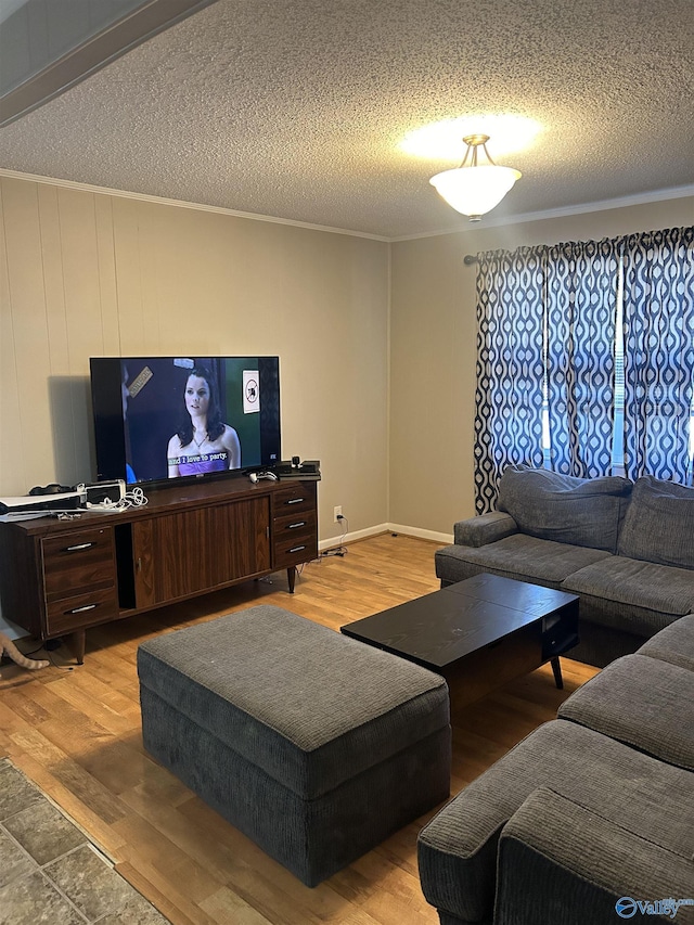 living room with hardwood / wood-style flooring, crown molding, and a textured ceiling