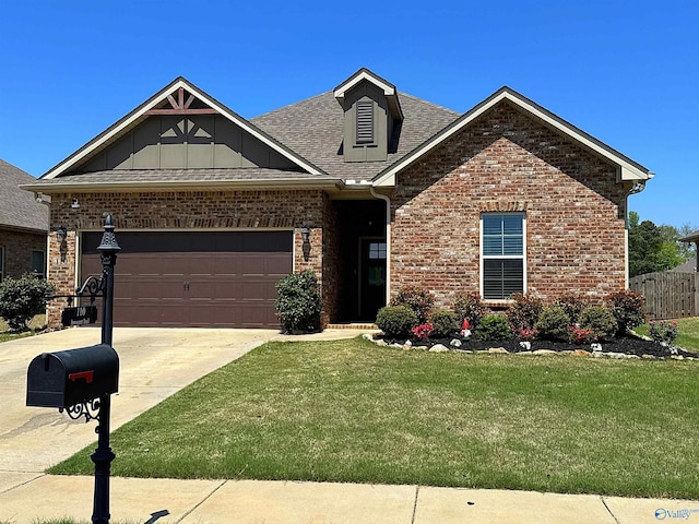 craftsman-style house with roof with shingles, a front yard, a garage, brick siding, and concrete driveway