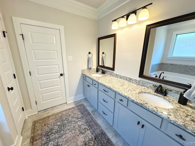 bathroom featuring double vanity, a sink, and ornamental molding