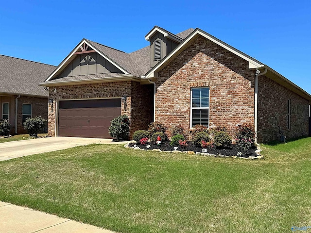 view of front of property with a garage, a front lawn, brick siding, board and batten siding, and concrete driveway