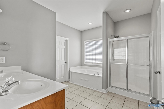 bathroom with vanity, tile patterned floors, and independent shower and bath