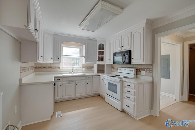 kitchen with white cabinetry, sink, tasteful backsplash, light hardwood / wood-style flooring, and electric stove