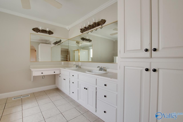 bathroom with vanity, tile patterned floors, crown molding, and ceiling fan