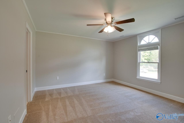 carpeted spare room featuring ornamental molding and ceiling fan