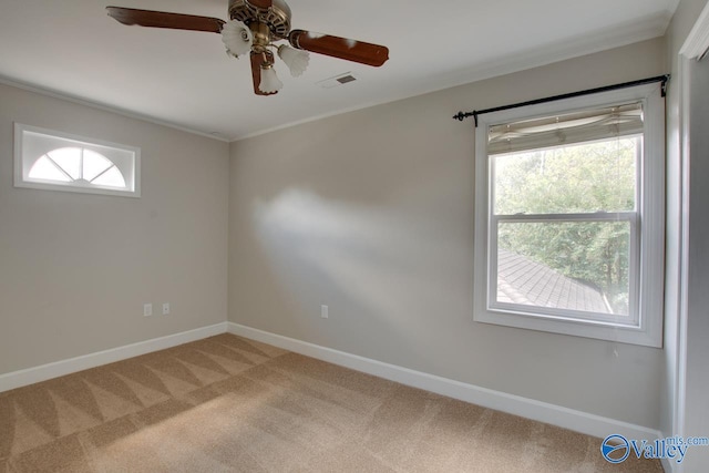 empty room with ornamental molding, carpet flooring, and ceiling fan