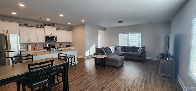 living room featuring dark hardwood / wood-style flooring and sink