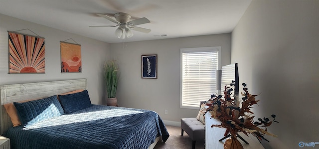 bedroom featuring ceiling fan and carpet flooring