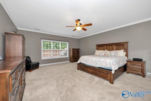 133 Mill Park Ln, Madison, AL 35758 - bedroom featuring ornamental molding, baseboards, ceiling fan, and light colored carpet