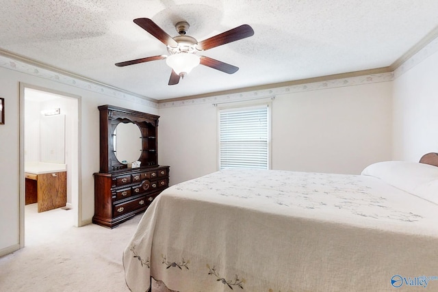 carpeted bedroom featuring a textured ceiling, ceiling fan, and crown molding