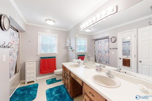 full bathroom featuring shower / tub combo with curtain, crown molding, vanity, and toilet